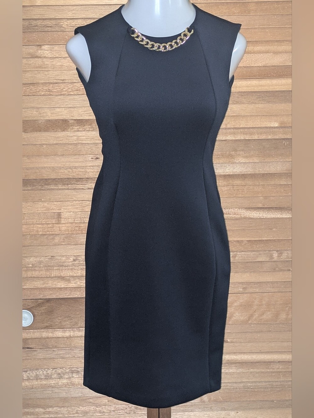 Calvin Klein Navy Blue Sheath Dress with Gold Chain Accent